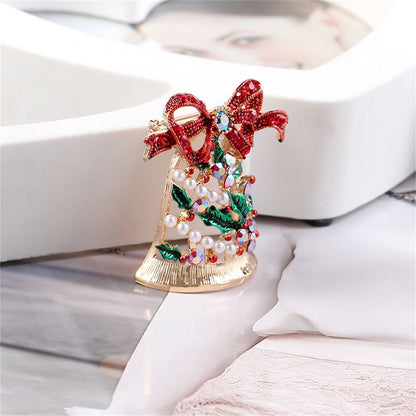 Pearl and Cubic Zirconia 18K Gold-Plated Christmas Bow Bell Brooch, gold brooch pin, botanical inspired, lifestyle look