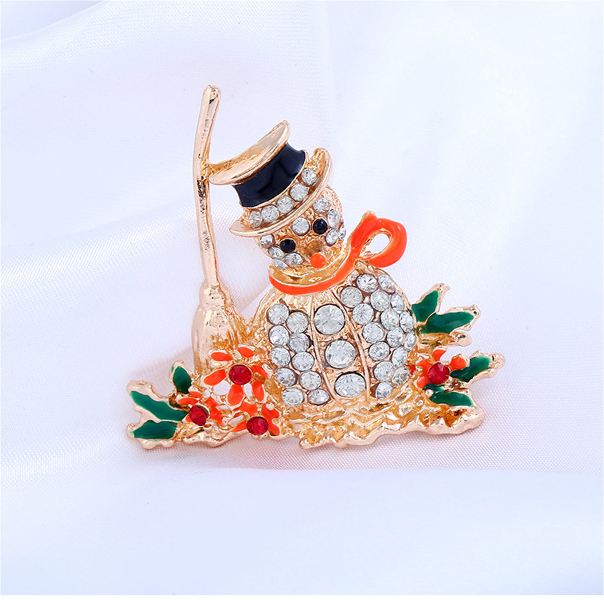 Orange Enamel and Cubic Zirconia Broom Snowman Brooch, brooch pin, vintage-inspired design, lifestyle look