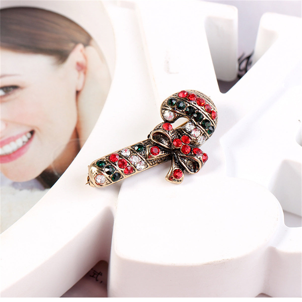Black Cubic Zirconia and 18K Gold-Plated Candy Cane Brooch, gold brooch pin, everyday style, side view