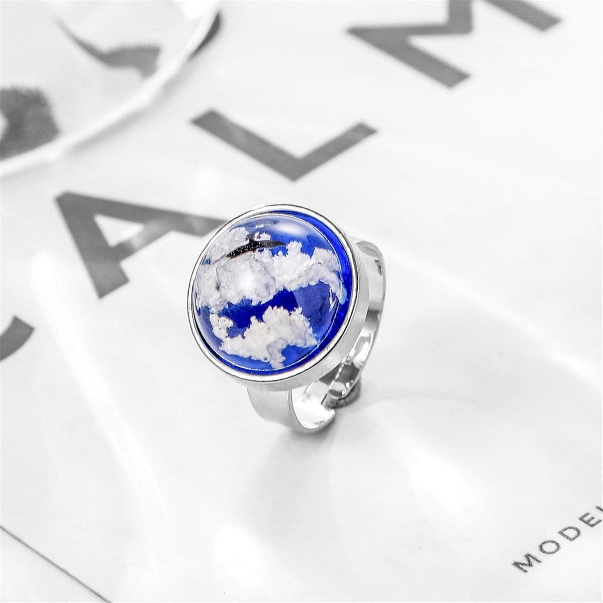 Resin Cloud Silver-Plated Round Adjustable Ring, silver statement rings for women, botanical inspired, front view