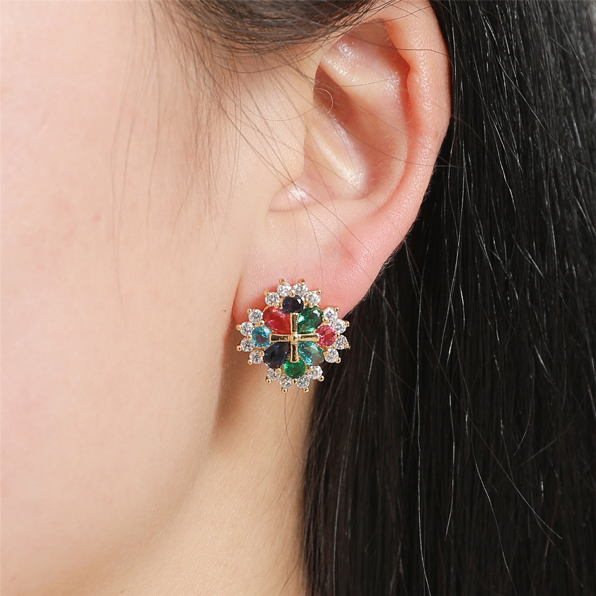 Crystal & Cubic Zirconia Cross Flower Stud Earrings