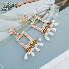 Pearl & 18K Gold-Plated Rhombus Rectangle Tassel Drop Earrings
