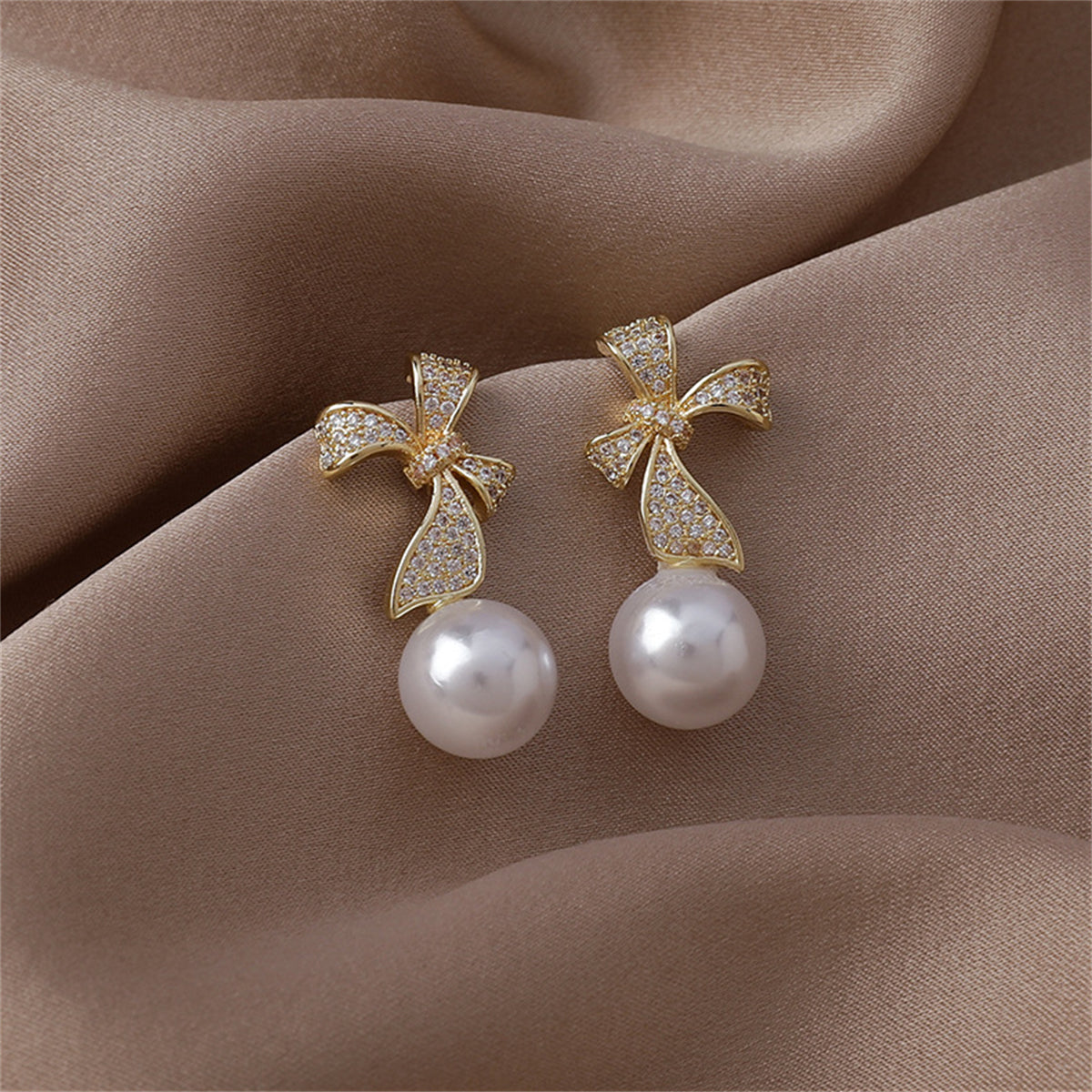 Pearl and Cubic Zirconia Pav¨¦ Bow Drop Earrings, drop earrings for women, elegant gift for her, lifestyle look