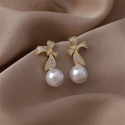 Pearl and Cubic Zirconia Pav¨¦ Bow Drop Earrings, drop earrings for women, elegant gift for her, lifestyle look
