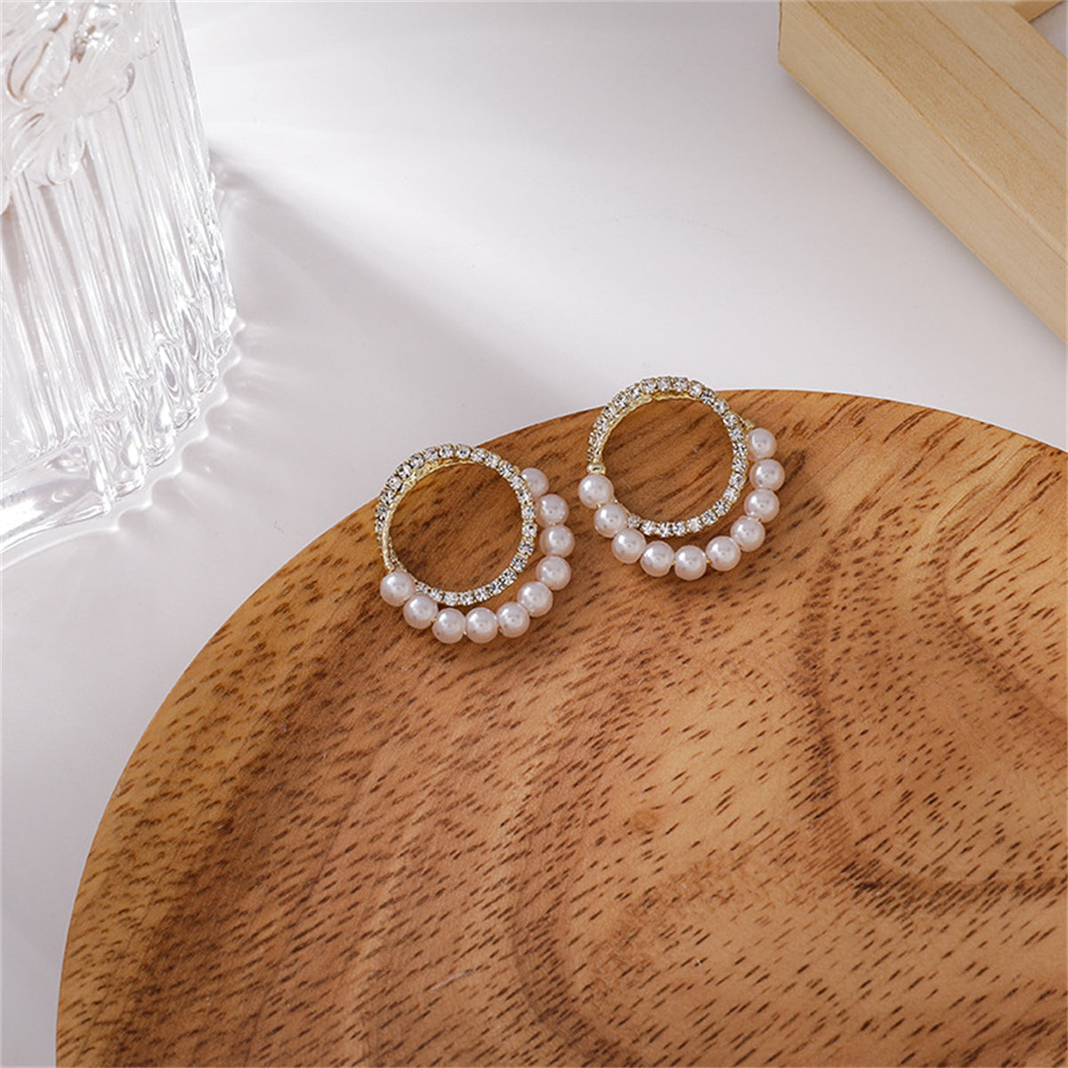 Pearl and Cubic Zirconia Pav¨¦ Double Circle Stud Earrings, stud earrings for women, elegant gift for her, side view