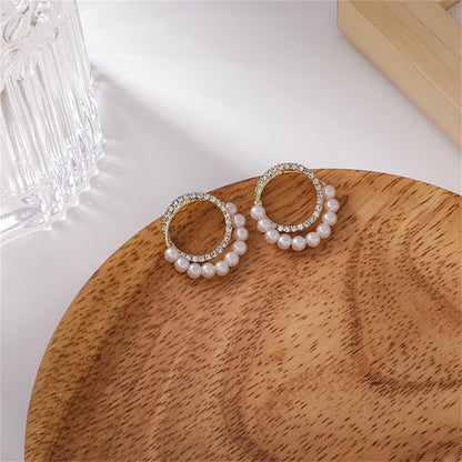 Pearl and Cubic Zirconia Pav¨¦ Double Circle Stud Earrings, stud earrings for women, elegant gift for her, side view
