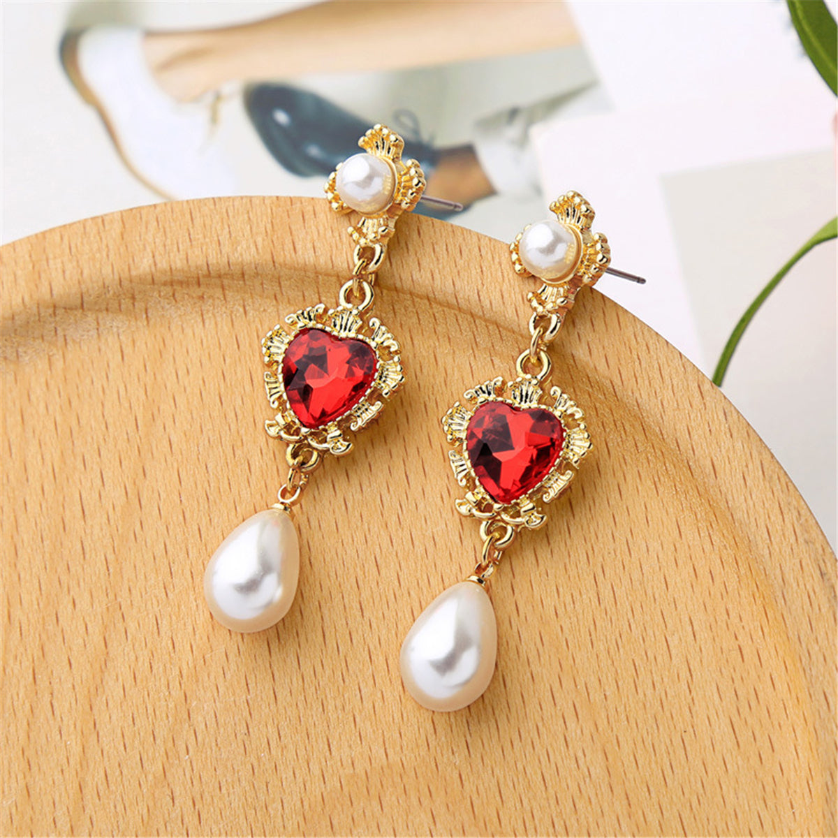 Pearl and Red Crystal 18K Gold-Plated Heart Drop Earrings, gold drop earrings for women, detail close-up