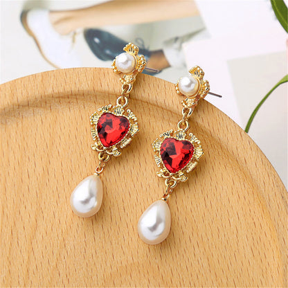 Pearl and Red Crystal 18K Gold-Plated Heart Drop Earrings, gold drop earrings for women, detail close-up