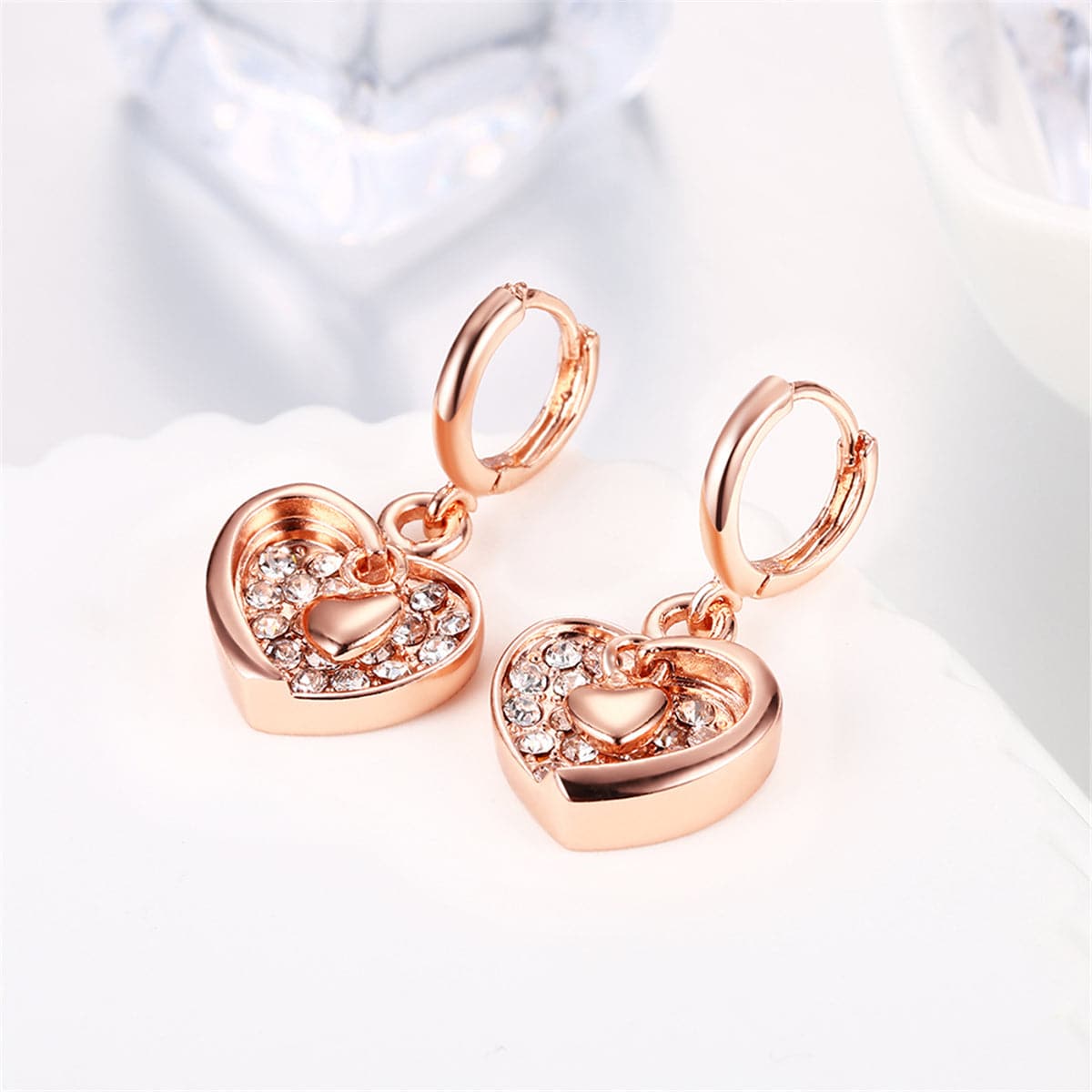 Cubic Zirconia & Rose Goldtone Heart Dangle Earrings - streetregion