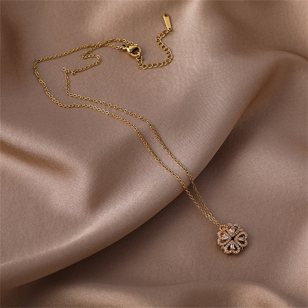 Cubic Zirconia & 18K Gold-Plated Heart Clover Pendant Necklace