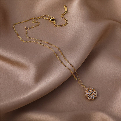 Cubic Zirconia and 18K Gold-Plated Heart Clover Pendant Necklace, gold pendant necklace for women, lifestyle look