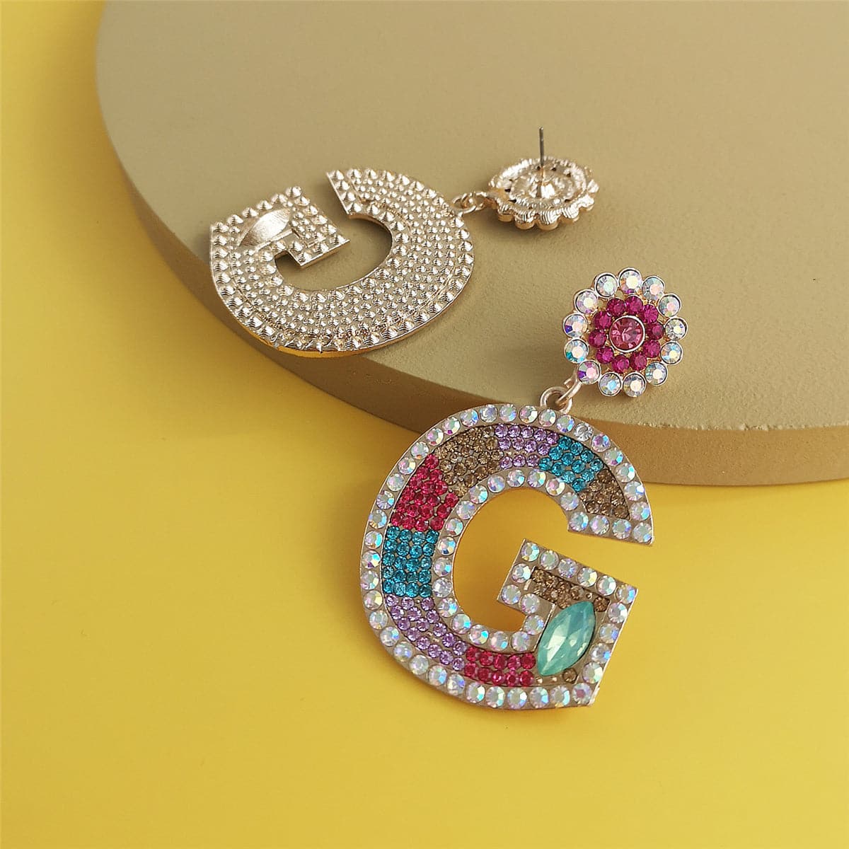 Blue & Pink Crystal & Cubic Zirconia 'G' Drop Earrings