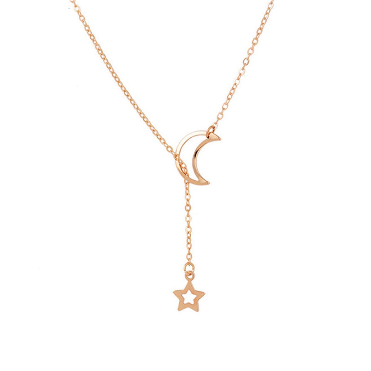 18K Gold-Plated Openwork Celestial Lariat Necklace, gold pendant necklace for women, botanical inspired, front view