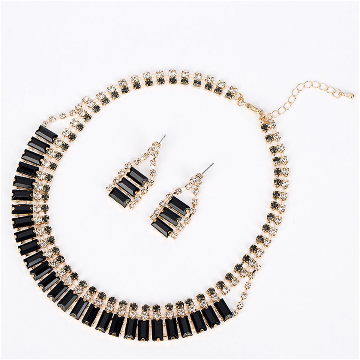 Black Crystal and Cubic Zirconia Drop Earrings and Statement Necklace, drop earrings for women, front view