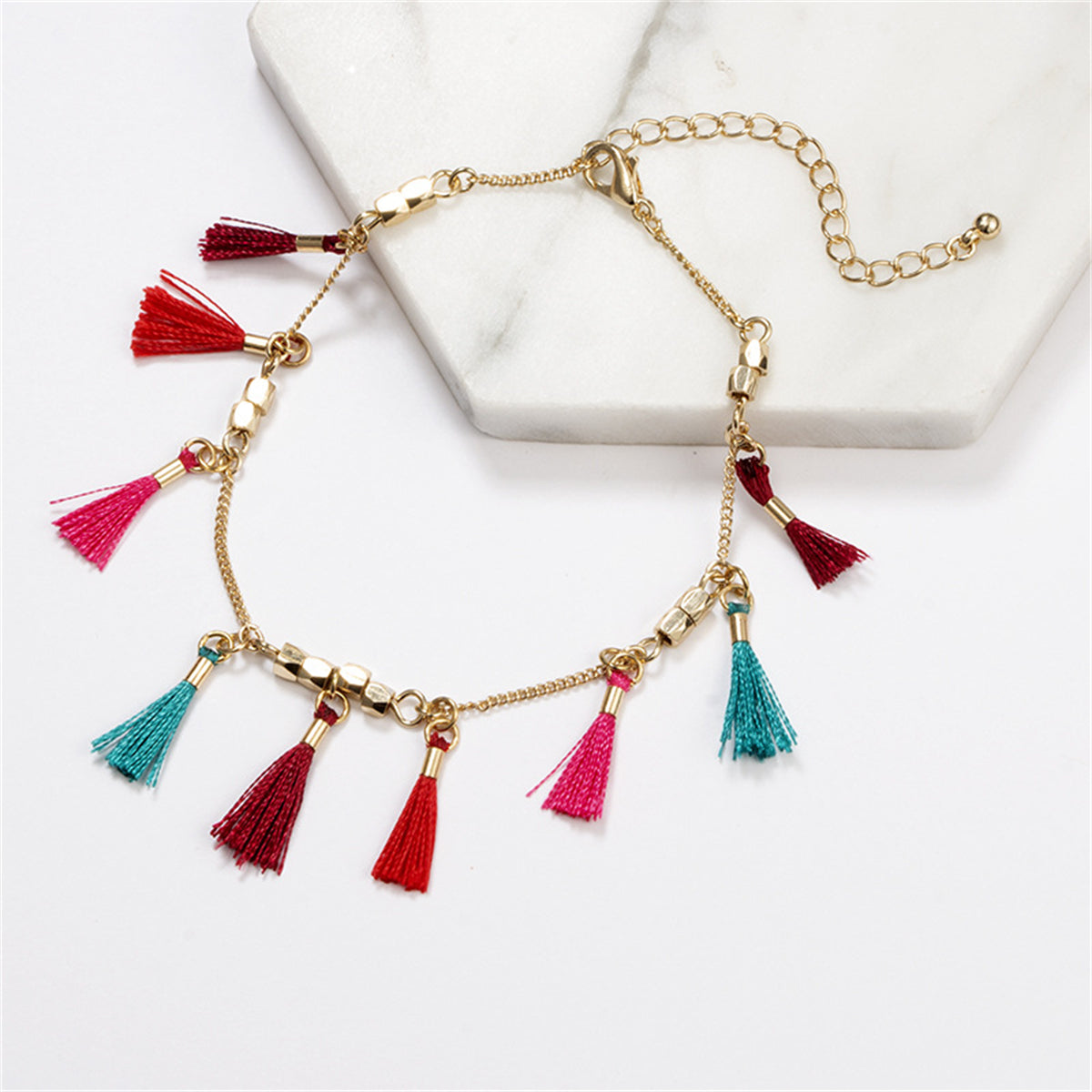 Red Multicolor Polyster & 18K Gold-Plated Rose Station Anklet Set