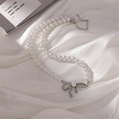 Cubic Zirconia and Pearl Beaded Bow Pendant Necklace, pendant necklace for women, everyday style, side view