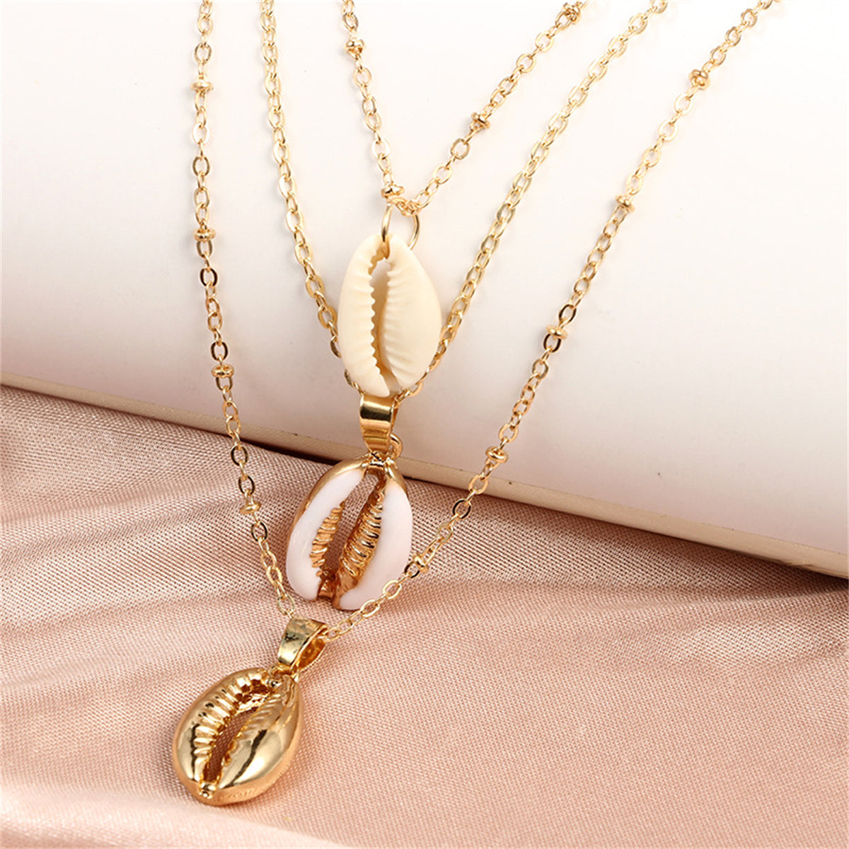 White Shell & 18K Gold-Plated Cowrie Triple-Layer Pendant Necklace