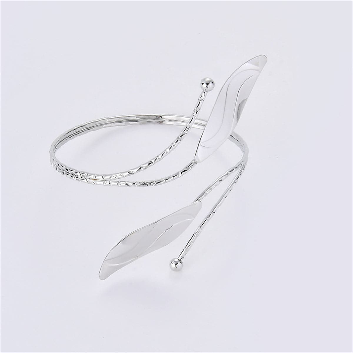 Silver-Plated Leaves Bypass Arm Cuff, dainty minimalist design, side view