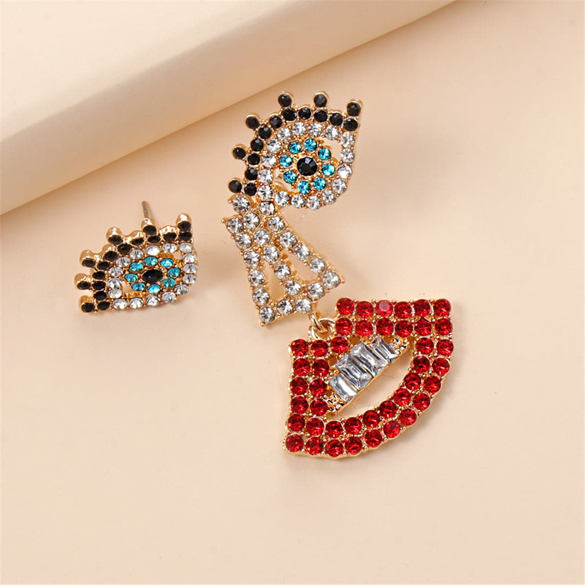 Red and White Cubic Zirconia Eye Stud and Lips Drop Earrings, stud earrings for women, vintage-inspired design, styled look