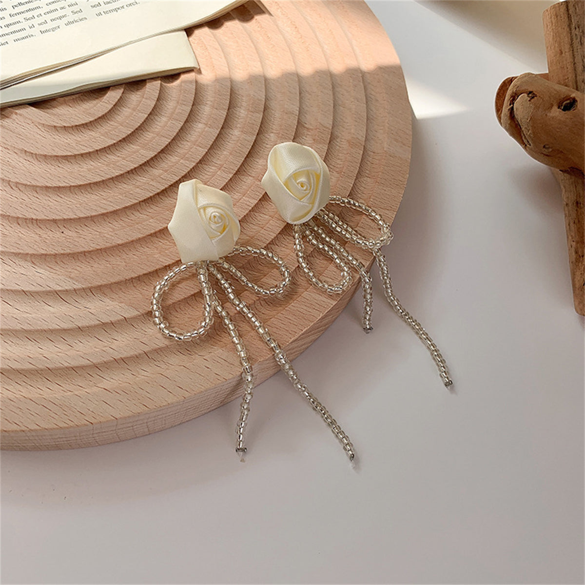 White Textile and Acrylic Rosette Beaded Tassel Drop Earrings, drop earrings for women, elegant gift for her, lifestyle look