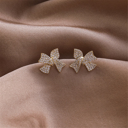 Cubic Zirconia and 18K Gold-Plated Bow Stud Earrings, gold stud earrings for women, elegant gift for her, side view