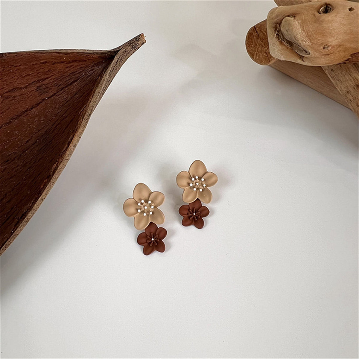 Brown Enamel and Silver-Plated Floral Drop Earrings, silver drop earrings for women, vintage-inspired design, lifestyle look