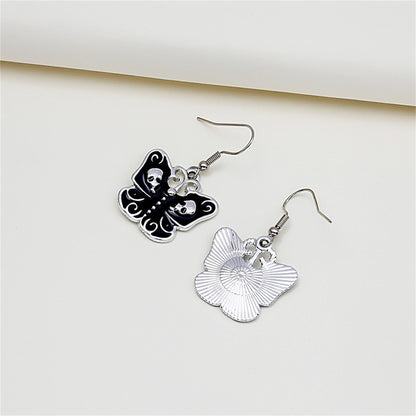Black and Silver-Plated Skull Butterfly Drop Earrings, silver drop earrings for women, everyday style, detail close-up