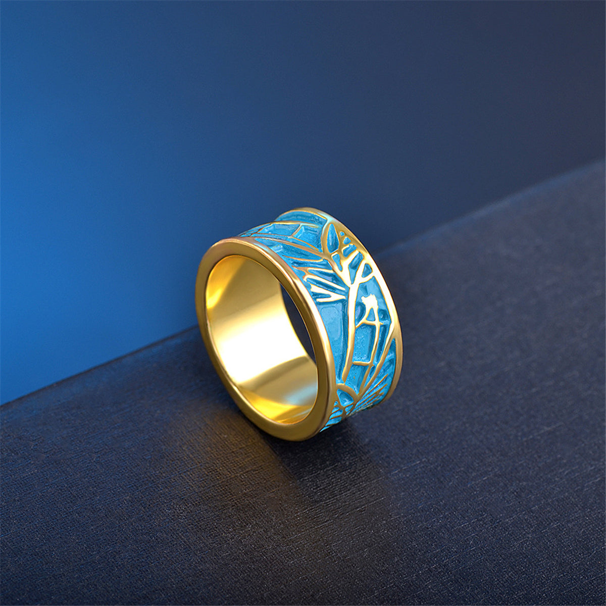 Blue Enamel and 18K Gold-Plated Branch Band Ring, gold statement rings for women, botanical inspired, side view