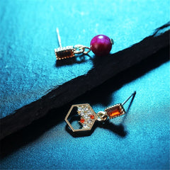 Orange & Purple Agate & Crystal Geometric Asymmetrical Drop Earrings