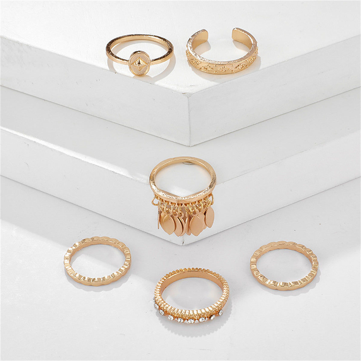 Cubic Zirconia & 18K Gold-Plated Leaves Tassel Ring Set