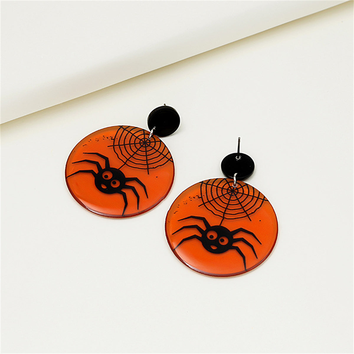 Black and Orange Spider Web Drop Earrings, drop earrings for women, dainty minimalist design, front view