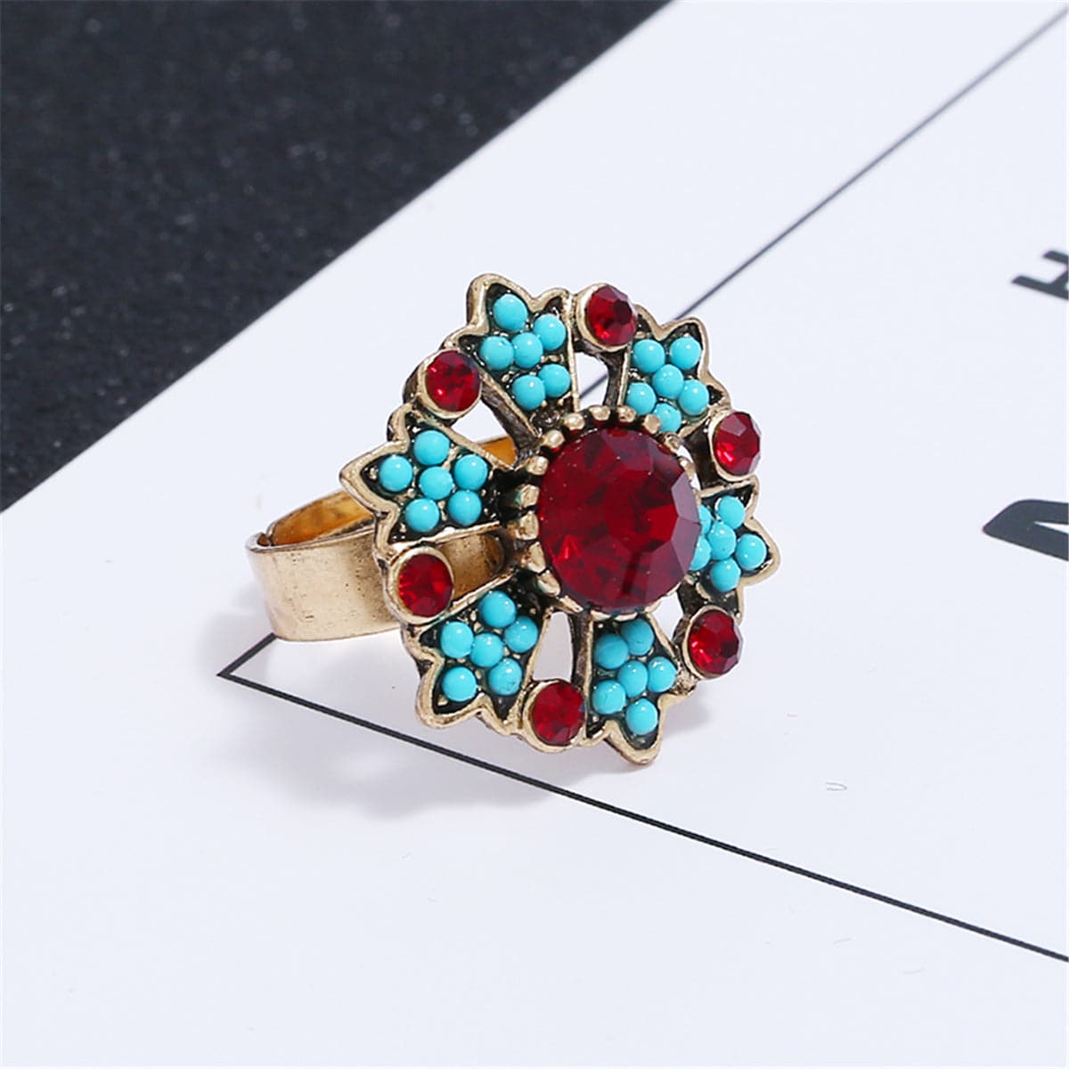 Red Cubic Zirconia & Turquoise Flower Cocktail Ring - streetregion