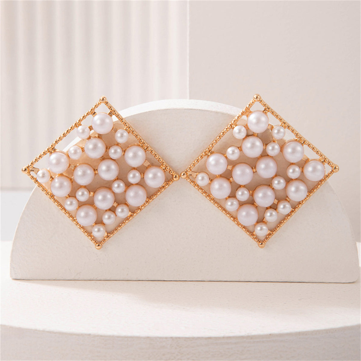 White Pearl & 18K Gold-Plated Rhombus Stud Earrings