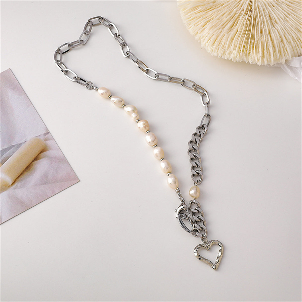 Pearl and Silver-Plated Open Heart Pendant Necklace, silver pendant necklace for women, dainty minimalist design, side view