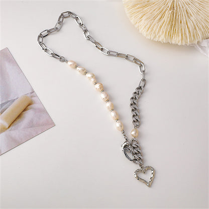 Pearl and Silver-Plated Open Heart Pendant Necklace, silver pendant necklace for women, dainty minimalist design, side view