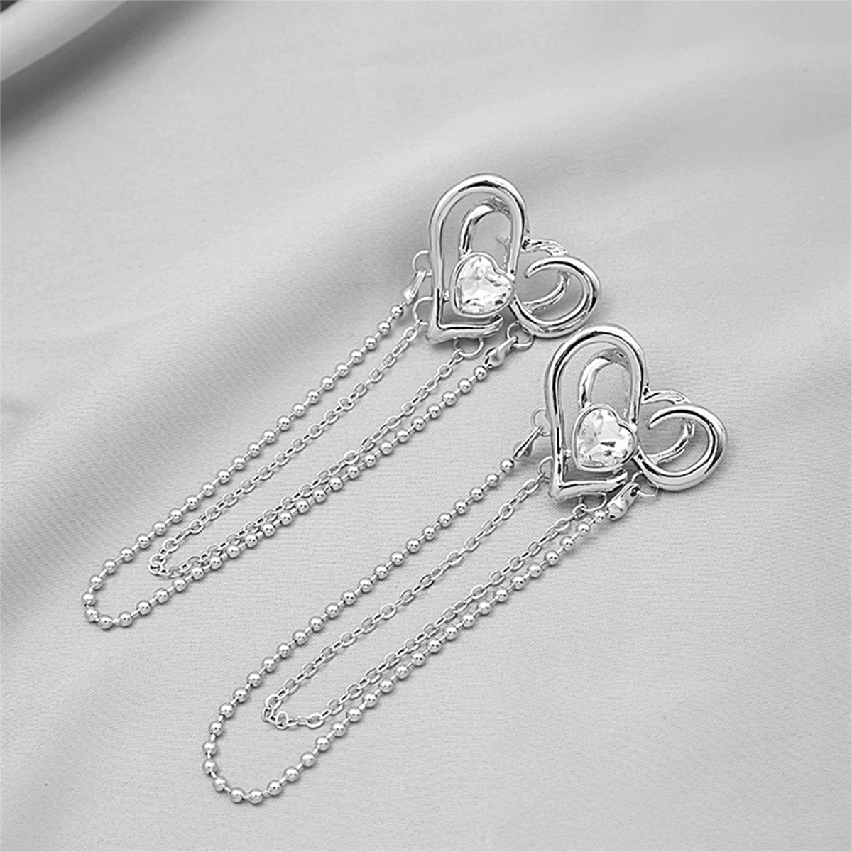 Cubic Zirconia & Silver-Plated Heart Layered Chain Drop Earrings