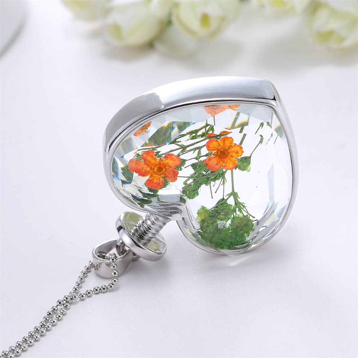 Pressed Peach Blossom and Silver-Plated Heart Pendant Necklace, silver pendant necklace for women, lifestyle look