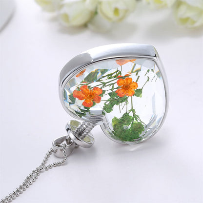Pressed Peach Blossom and Silver-Plated Heart Pendant Necklace, silver pendant necklace for women, lifestyle look