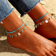 Turquoise Stretch Anklet & Sequin Station Anklet Set