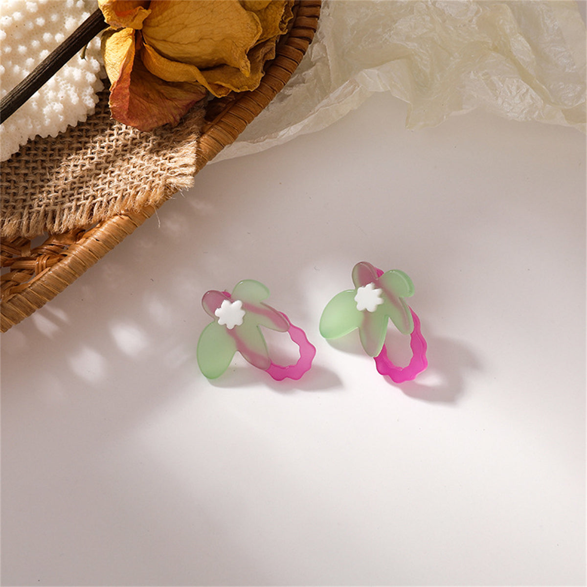 Pink & Green Acrylic Floral Teardrop Earrings