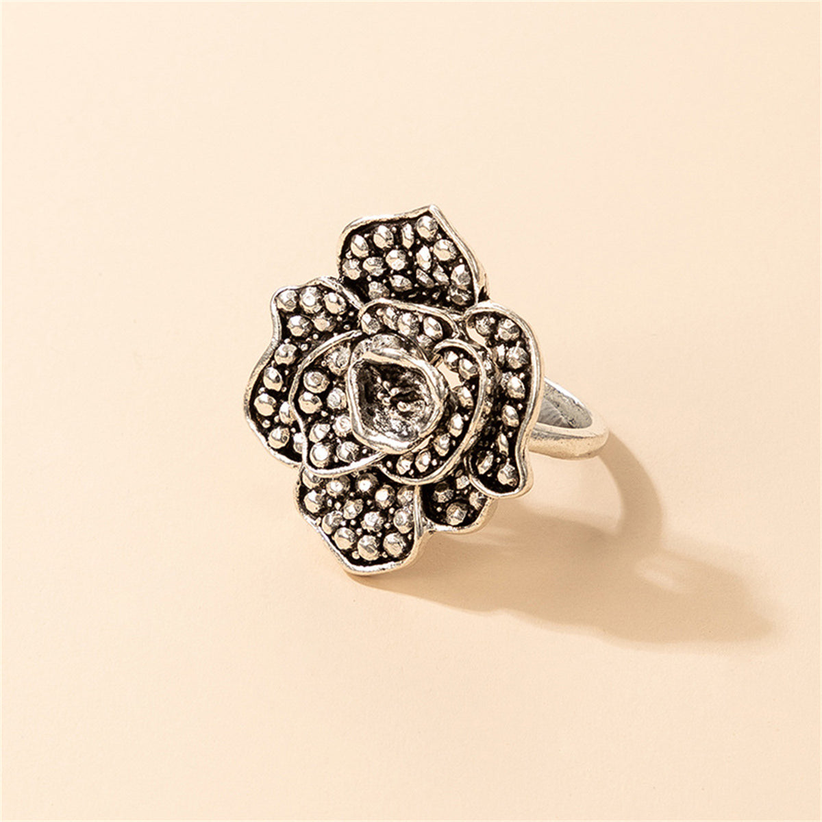 Silver-Plated Engraved Rose Ring
