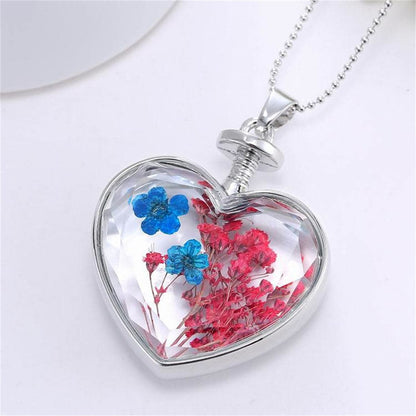 Blue Pressed Peach Blossom and Silver-Plated Heart Pendant Necklace, silver pendant necklace for women, side view