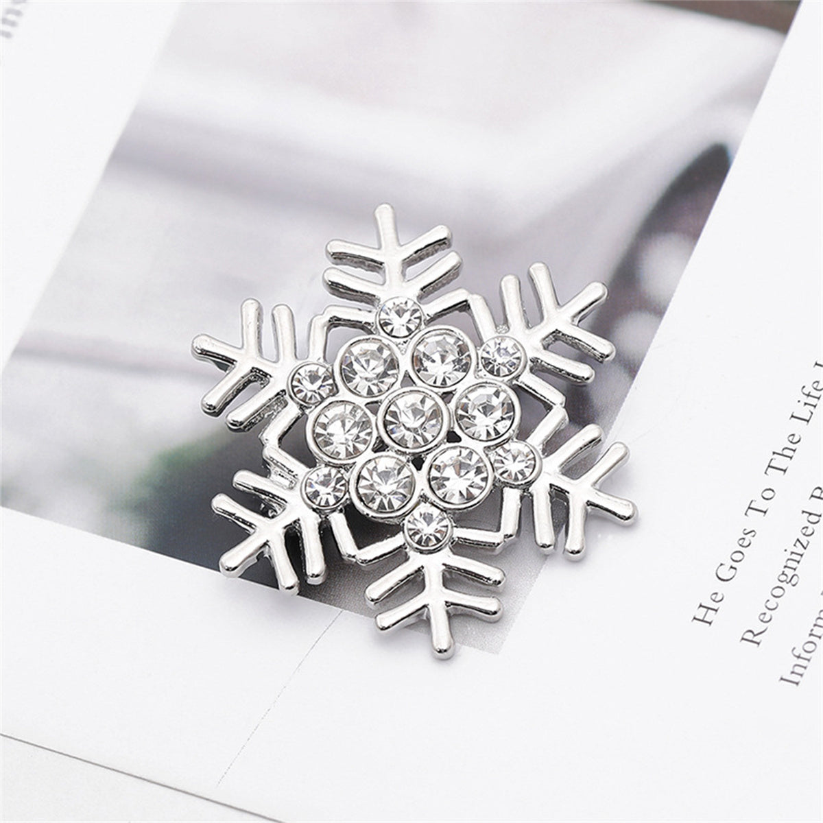 Cubic Zirconia and Silver-Plated Openwork Snowflake Brooch, silver brooch pin, botanical inspired, side view