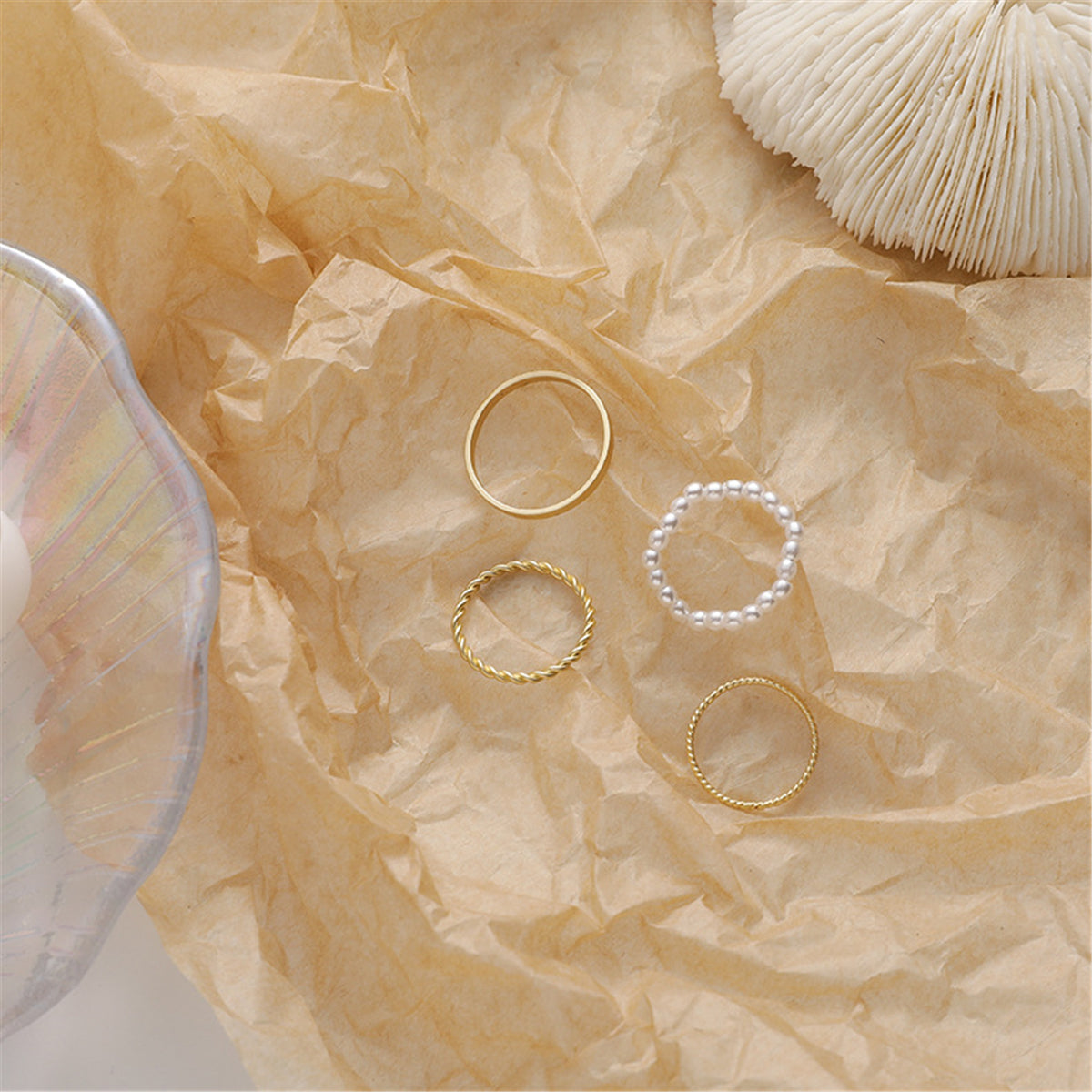 Pearl and 18K Gold-Plated Ring Set, jewelry gift sets for women, vintage-inspired design, detail close-up