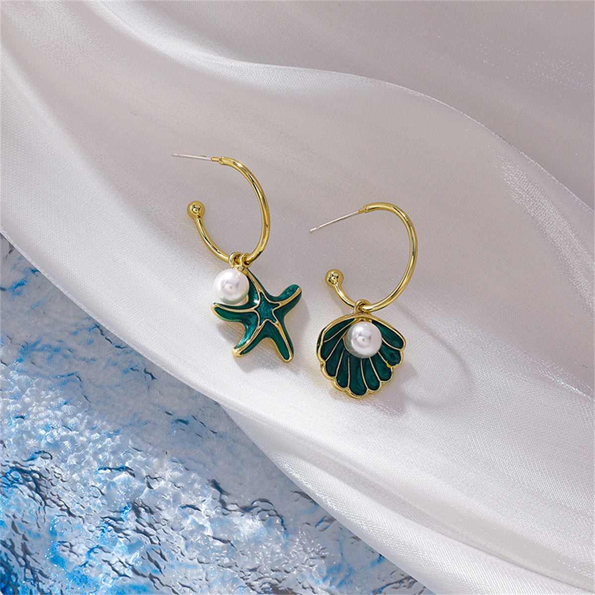 Green Enamel and Pearl Mismatch Shell Starfish Drop Earrings, drop earrings for women, botanical inspired, styled look