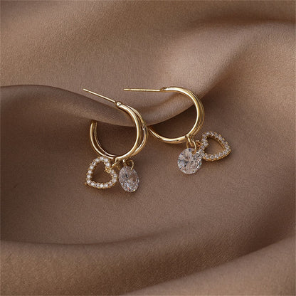 Cubic Zirconia and 18K Gold-Plated Heart Drop Earrings, gold drop earrings for women, vintage-inspired design, front view