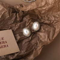 Cubic Zirconia & Pearl Oval Halo Stud Earrings