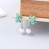 Green & Imitation Pearl Butterfly Drop Earrings