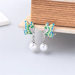 Green Enamel & Pearl Silver-Plated Butterfly Drop Earrings