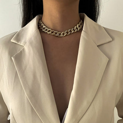 Cubic Zirconia and 18K Gold-Plated Figaro Link Statement Necklace, gold pendant necklace for women, side view